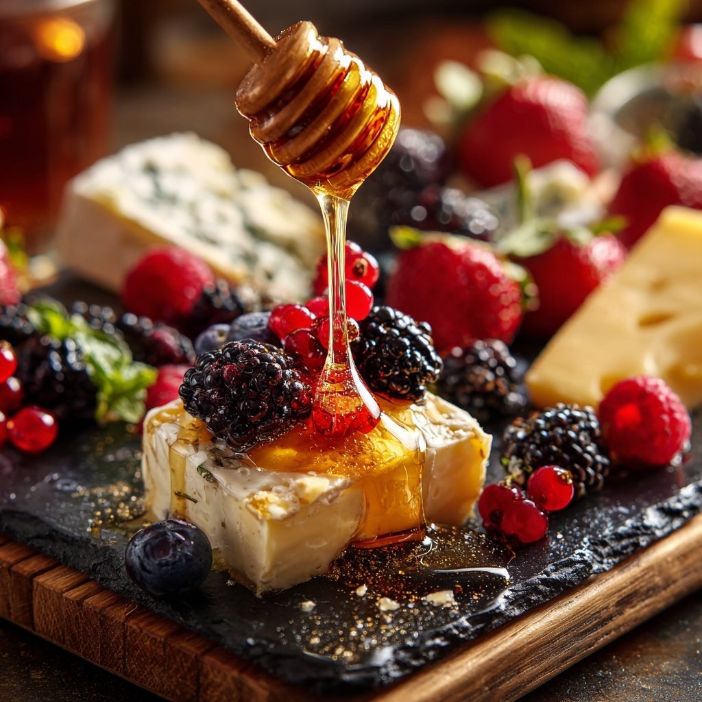 Käseplatte mit Beeren und Honig